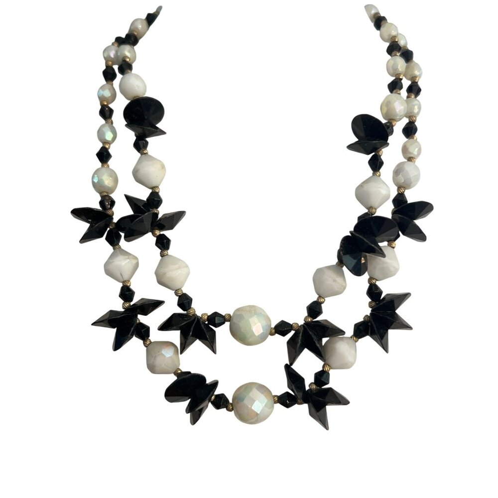Vintage Black White Faceted Star Cluster Necklace Iridescent Gold Tone Estate
